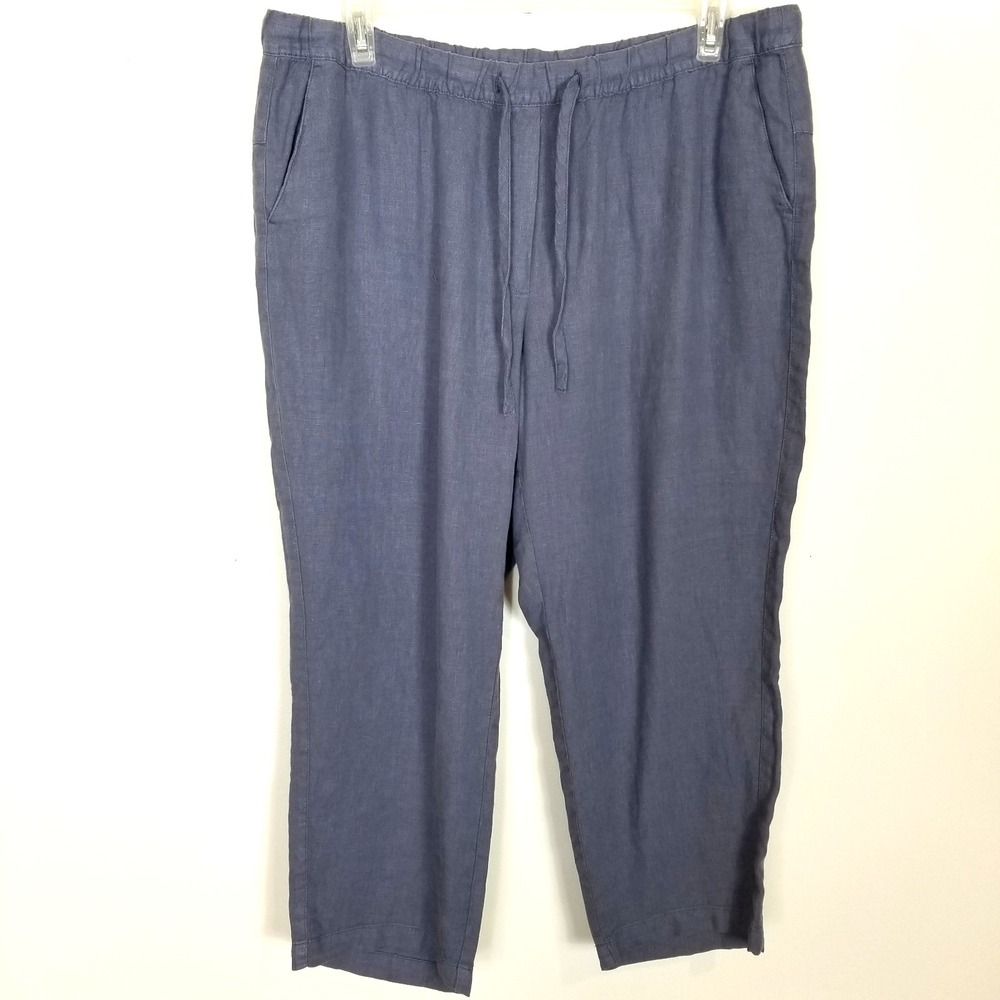 J Jill Women's Pure Jill Garment Dyed Linen Pants Sz XL Blue Drawstring Crop